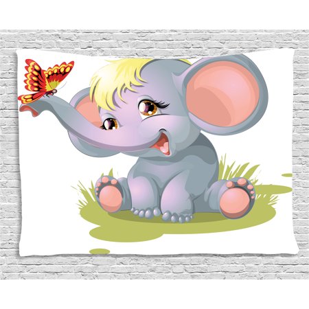Butterfly Tapestry Wall Hanging - Elephant Nursery Decor Tapestry, Newborn Animal Mascot Puppet Yellow Hair Fun Happiness Butterfly, Wall Hanging for Bedroom Living Room Dorm Decor, 80W X 60L Inches, Multicolor, by Ambesonne
