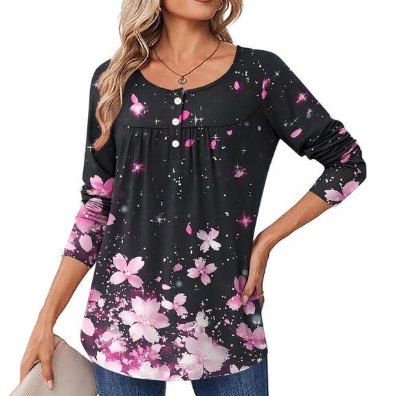 Ndbuld Womens Long Sleeve Tops Blouses for Women Crew Neck Tunic Tops Buttons Side Fall Shirts Pink S