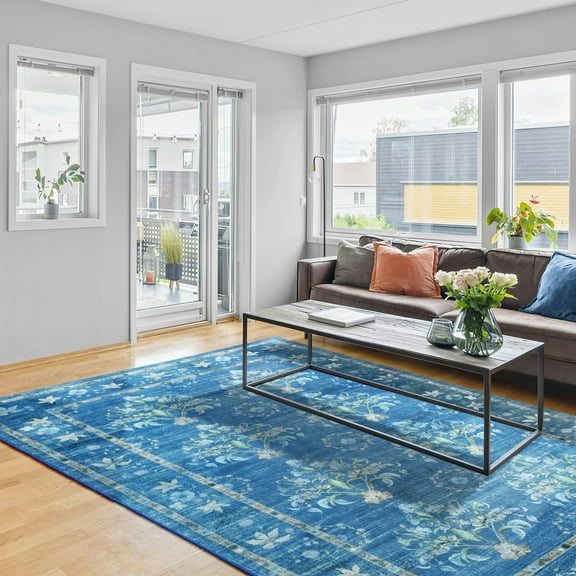 Balacho Farmhouse Floral Bohemian Faux Wool Area Rug, 4' x 6', Light Blue