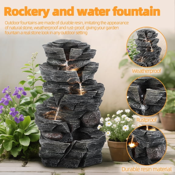 Tereitr Cascading Rock Water Fountain for Outdoor, Patio & Garden Decor with LED Lights, Realistic Waterfall Feature Made of Weather, Resistant Resin