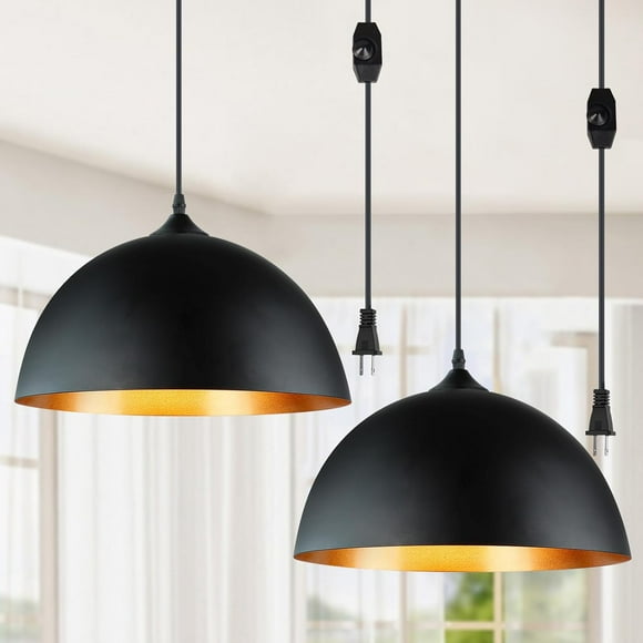 GUSTELL  2-Pack Plug in Pendant Light, Industrial Pendant Light Fixtures, Adjustable Pendant Lighting Over Island, Farmhouse Black Gold Hanging Lamps for Living Room, Dining Room, Bedroom, E26 Base