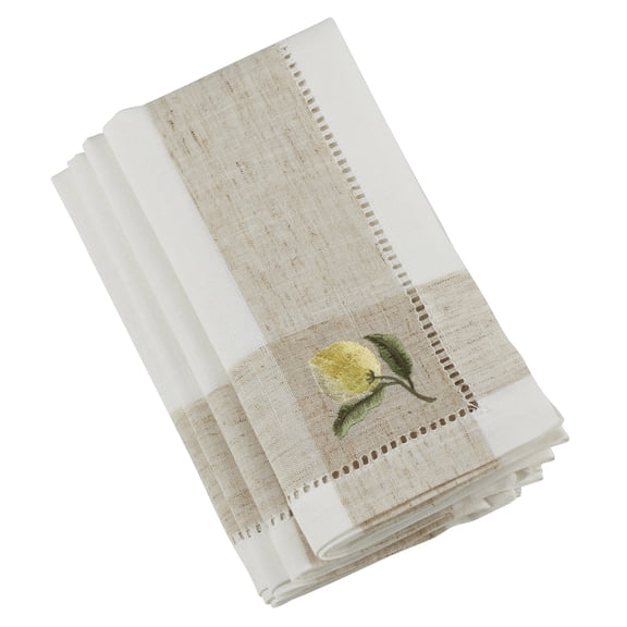 Fennco Styles Hommage BrodÃ© Collection Cottage Lemon Embroidery Hemstitch Border Linen Blend 20 x 20 Inch Cloth Napkins â€“ Ivory Diner Napkins for Wedding, Banquet, Tea Party and Home DÃ©cor