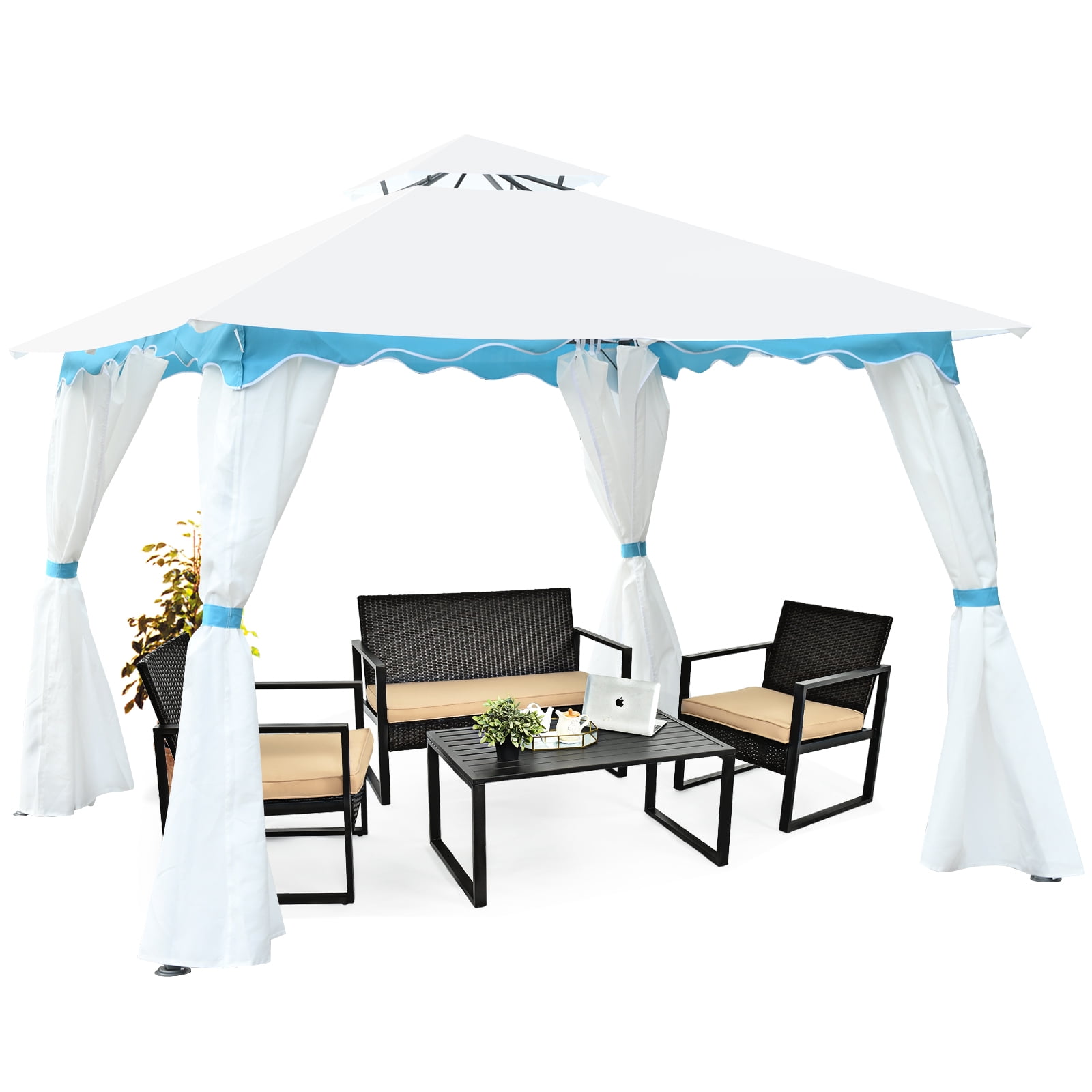 Topbuy 2 Tier 10'x10'Patio Steel Gazebo Outdoor Canopy Tent Steel Frame Shelter Awning W/Side Walls for Patio Yard Garden