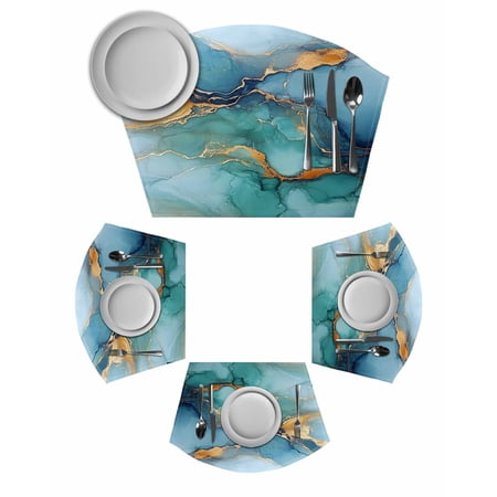 Turquoise Blue Round Placemats Set of 2, Modern Teal Gold Marble Textured Placemats for Round Dining Table Shape Wedge Placemats for Outdoor Indoor Wipeable Clean Table Place Mats
