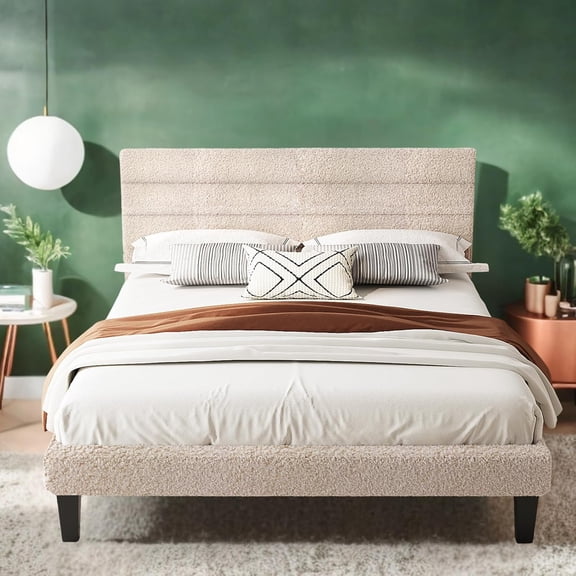 CHTER Full Size Bed Frame with Storage, Boucle Upholstered Bed Frame with Adjustable Soft Headboard, Tufted Panel Bed with Wood Sturdy Slats Support, Modern Minimalist, Fa