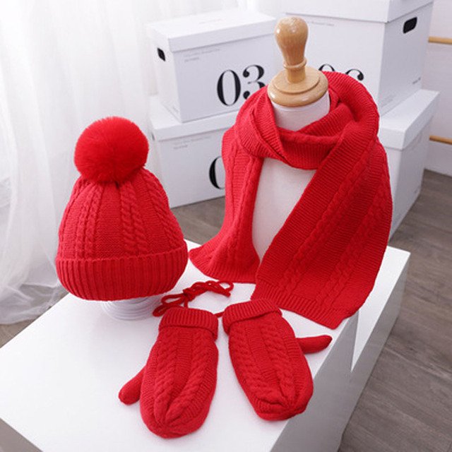LinYooLi Children’S Knitted Small Linen Hat Scarf Gloves Three-Piece Set, Plush Warm Children’S Hat Wool Cap