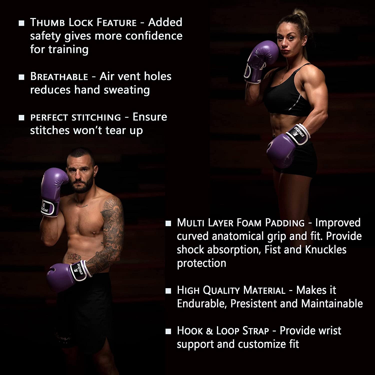 Kruzak Plain Boxing Gloves for Sparring, Kickboxing, Muay Thai, Martial Arts & MMA Fighting - Men & Women Punch Bag Mitts Training and Focus Pads Punching (Purple, 14 oz)