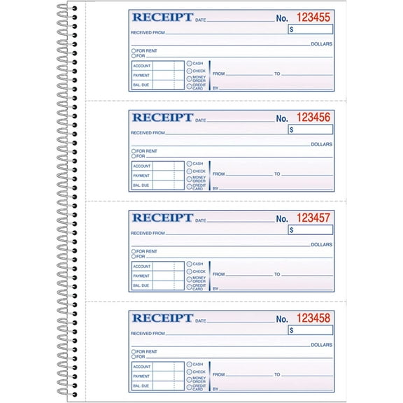 Carbonless 2-Part Spiral Money/Rent Receipt Book, 7 5/8in. x 11in., Book of 200 Sets, SC1182