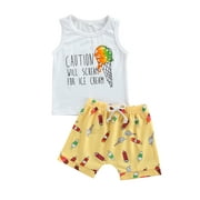 Pudcoco 2Pcs Baby Boy Summer Outfits Ice Cream Letter Sleeveless Tops + Shorts