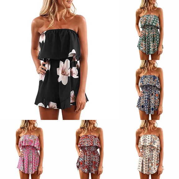 Shadoumai Women's Rompers Summer Strapless Floral Print Off Shoulder Boho Flowy Ruffle Hem Shorts Jumpsuit with Pocket