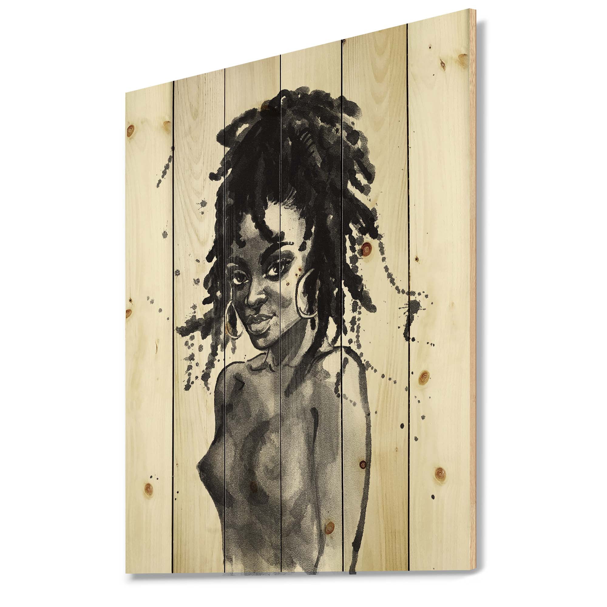 Designart 'Black and White Portrait of African American Woman V' Modern Print on Natural Pine Wood