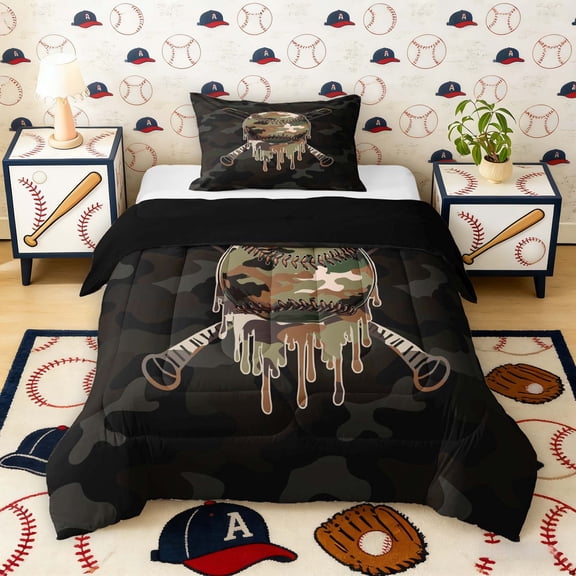 Erosebridal Drip Camo Baseball Twin Comforter Sets, Sport Bedding Set for Men and Boys, Black Reversible 2 Pieces, 1 Comforter and 1 Pillowcase