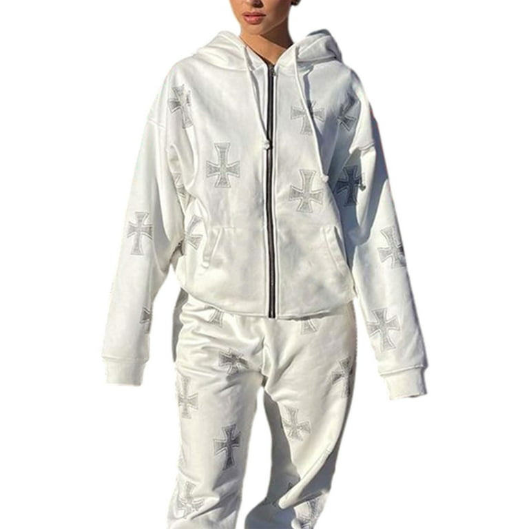 Yinyinxull Women's Zip Up Sweatshirt Cross Rhinestone Jackets Y2K Long  Sleeve Printed Hoodies Streetwear White-B L