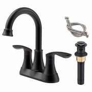 Fithood Bathroom Faucet Matt Black with Pop-up Drain & Supply Hoses 2-Handle 360 Degree High Arc Swivel Spout Centerset 6 Inch Vanity Sink Faucet 4011B-MB