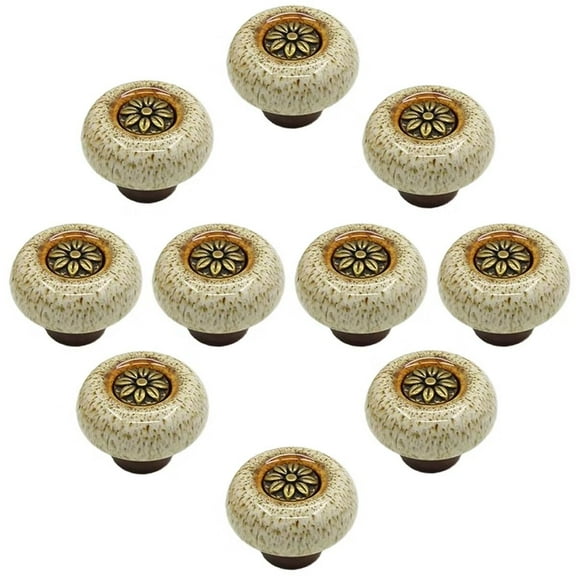 HDJNal 10 Pcs Vintage Ceramic Door Drawer Handles, 32mm Round Drawer Knobs, Furniture Knobs, Door Knobs, Furniture Handles for Cupboards , Dresser , Kitchen, Children's Room (Bronze-White)
