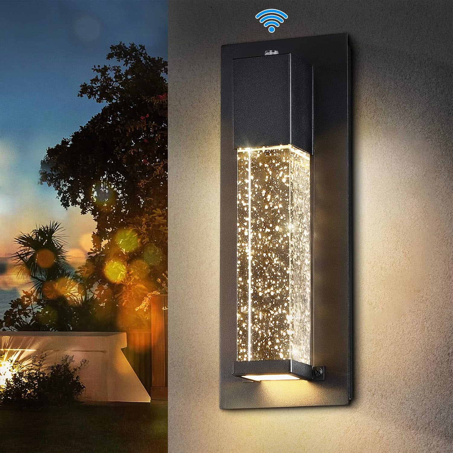 LED Dusk to Dawn Outdoor Light Fixture,2 Pack Modern Exterior Wall Sconce Porch Lights, Outside Wall Mount Lighting with Crystal Bubble Glass 13W 3000K for Front Door Patio