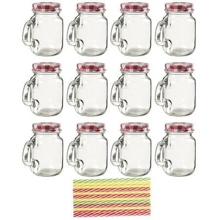 Glass Jar With Lid And Straw 12-Pack Mason Jars - Mini Clear Mason Jar Set with Decorative Lids and Plastic Straws, Glass, Assorted Colors, 3.5 x 3 x 2 inches. ()