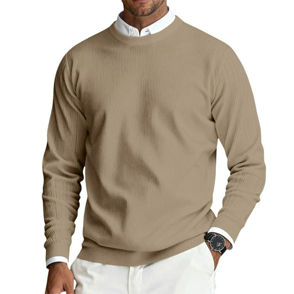 LTTVQM Mens Crew Neck Sweaters Long Sleeve Lightweight Knit Dress Pullover Sweaters Khaki L