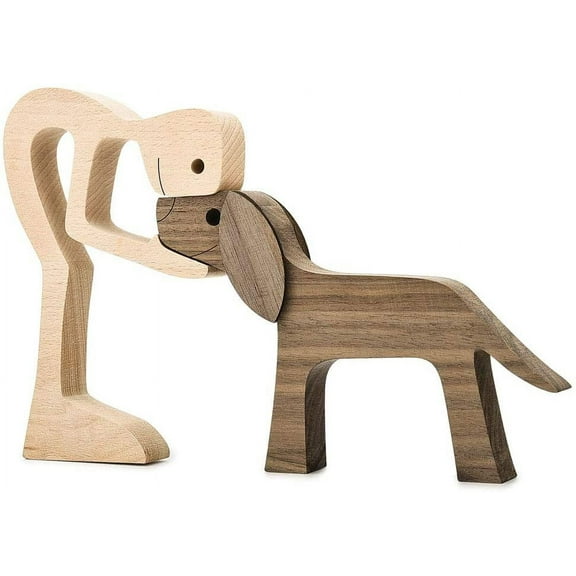 Handmade Wooden Dog Unique Gift for Dog Lover, Wooden Man and Dog Carving Statue, Wood Dog Sculpture Home Office Tabletop Figurine Carved Wood Decor