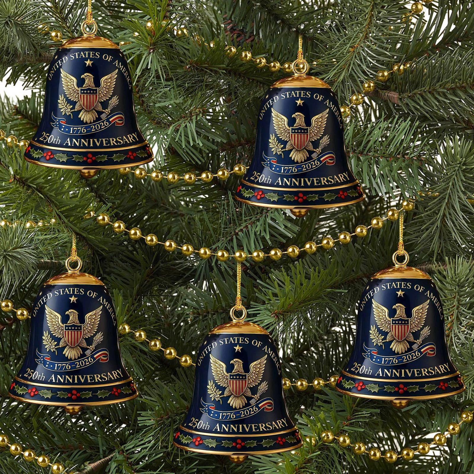 United States 250th Anniversary Bell Ornament, 250th Anniversary Metal Bell Ornament – 1776-2026 Red & Gold Patriotic Christmas Tree Hanging Decor, Shatterproof Holiday Ornament Gift (2PCS)