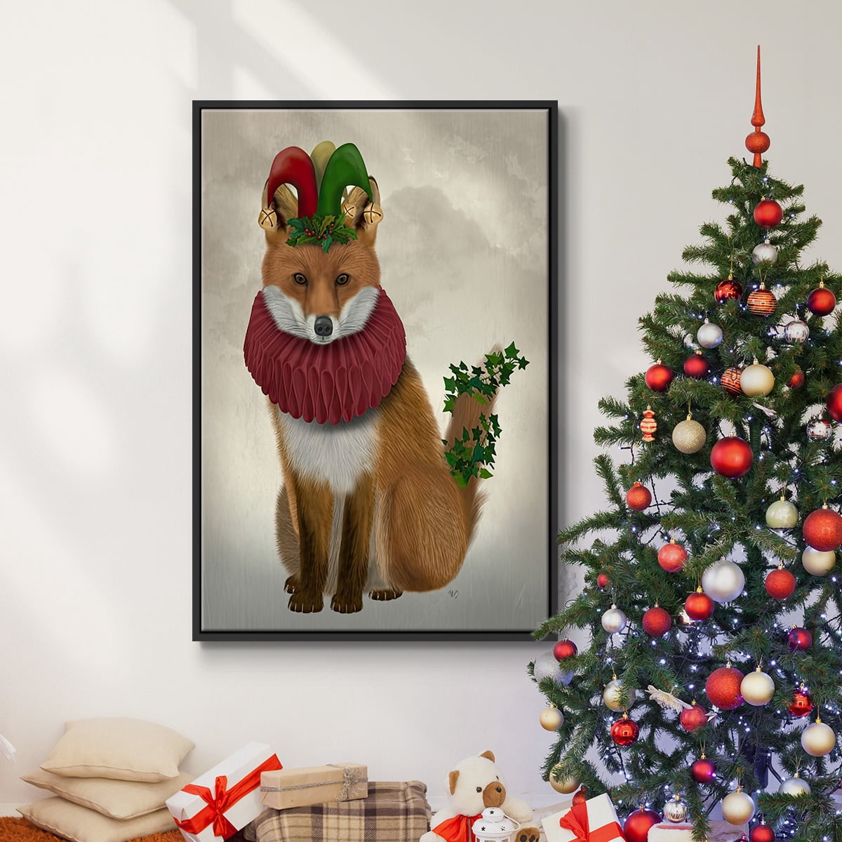 Christmas Holly and Ivy Fox - Framed Gallery Wrapped Holiday Canvas - 27 x 41 - Black Frame