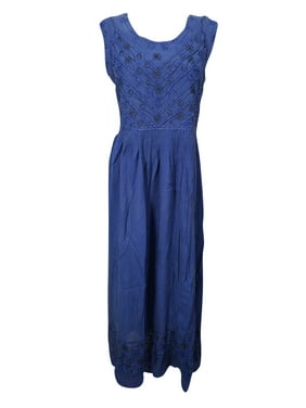 Mogul Women's Royal Blue Embroidered Dress Tie Back Enzyme Wash Flared Long Maxi Dresses M
