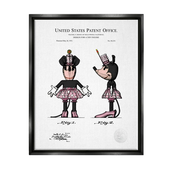 Stupell Industries Girl Mouse Toy Patent Graphic Art Jet Black Floating Framed Canvas Print Wall Art, Design by Karl Hronek