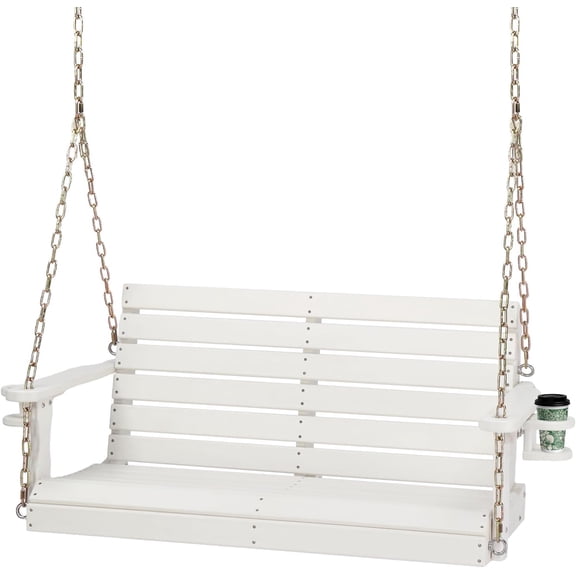 HJTER Heavy Duty 1600 LBS HDPE Porch Swing Outdoor with Rotatable Cup Holder, 4 FT Patio Bench Swing with Adjustable Chains, 2 Person Hanging Porch Swing Chair for Porch, Yard, Tree, Garden - White