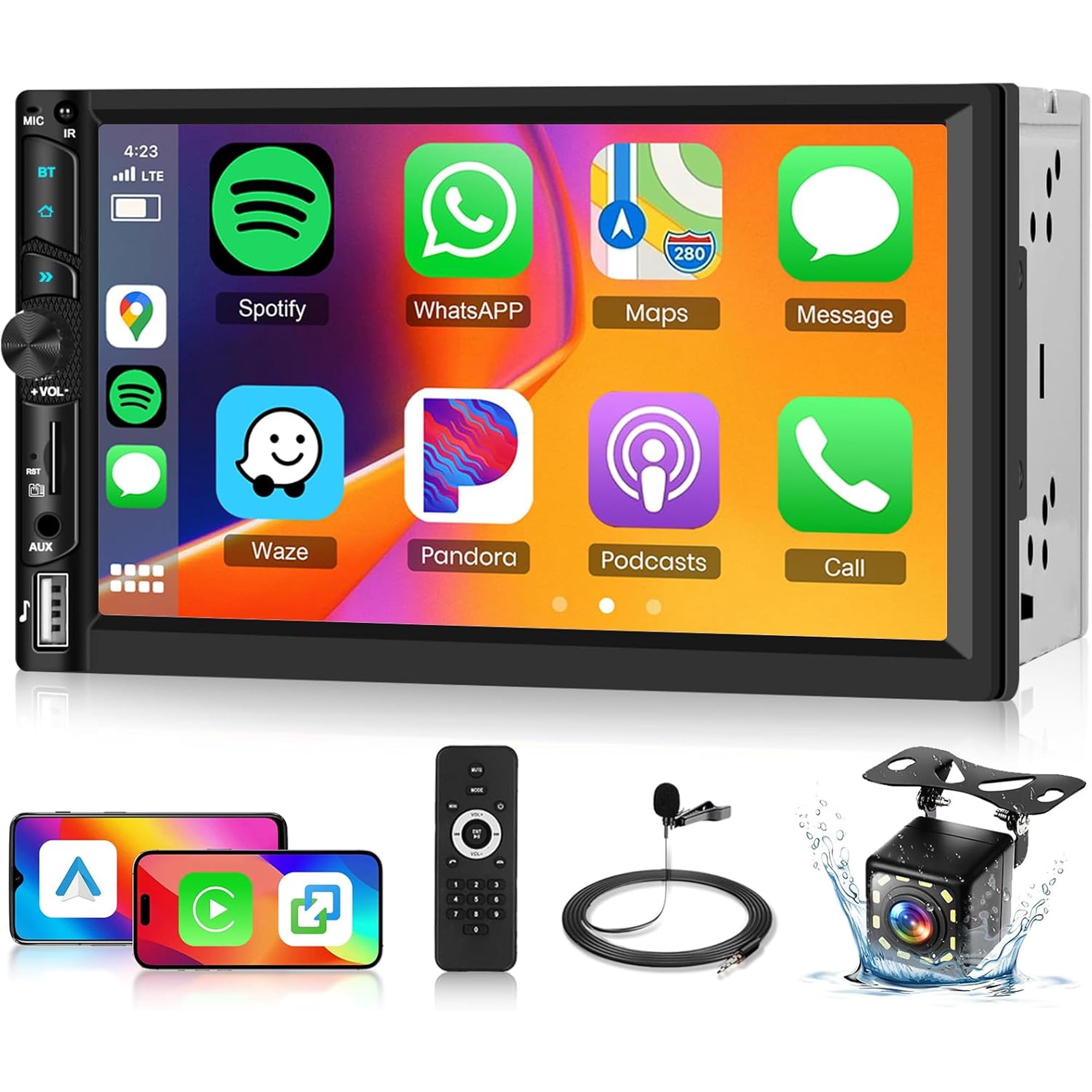 Double Din Car Stereo with Apple Carplay Wireless Android Auto, Rimoody 7" HD IPS Touchscreen 2 Din Head Unit Car Radio with Bluetooth Youtube EQ FM SWC Backup Camera+USB/TF Card Ports+Remote Control