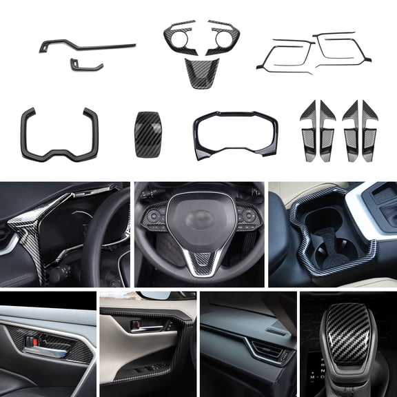 Xotic Tech Set Carbon Fiber Style Interior Dashboard Instrument Side Air Vent Steering Wheel Gear Shift Door Armrest Handle Bowl Accessories Cover Trim Combo Kit, Compatible with Toyota Rav4 2019-2023