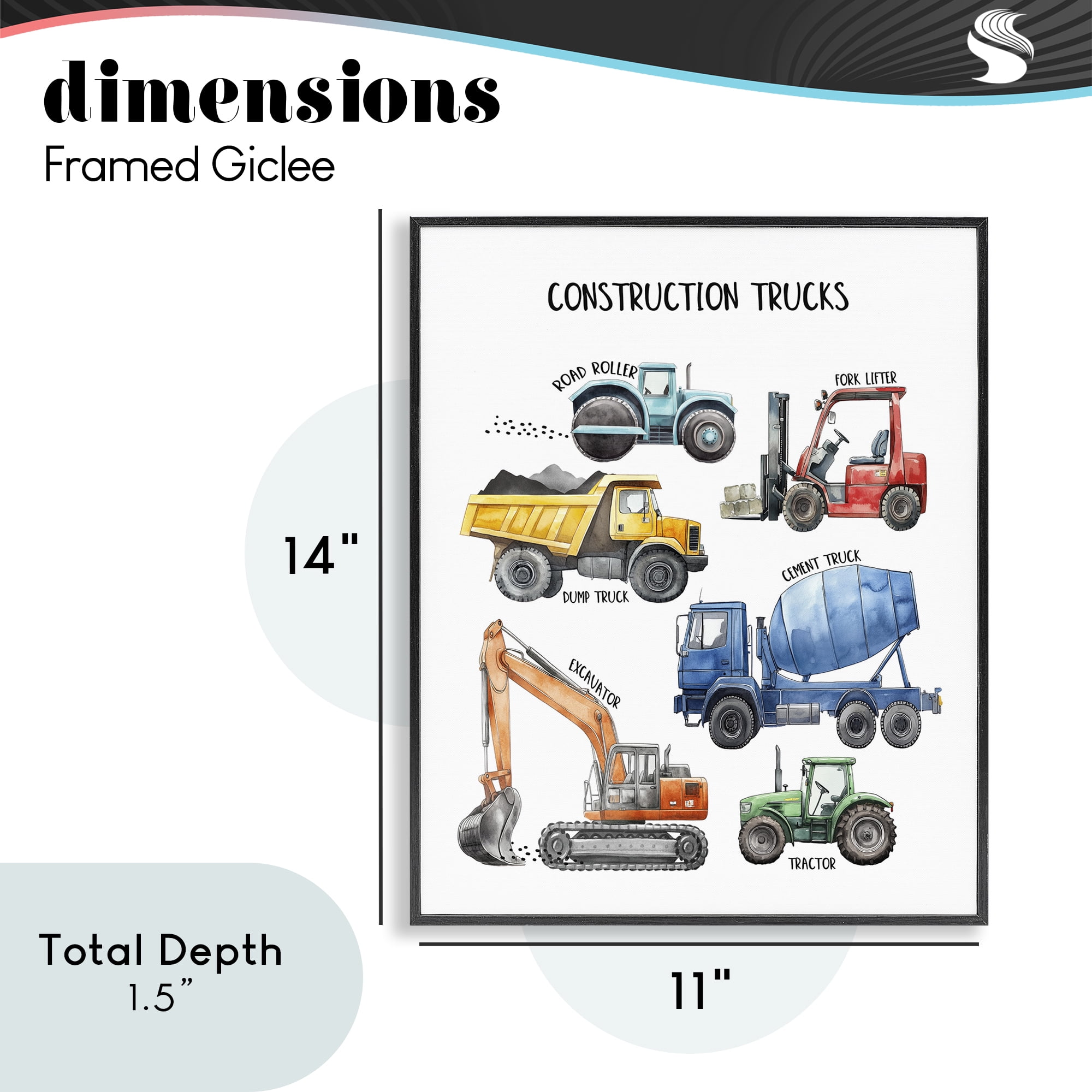Construction Trucks Machinery Black Framed Giclee Art, design by Christine Simpson Art