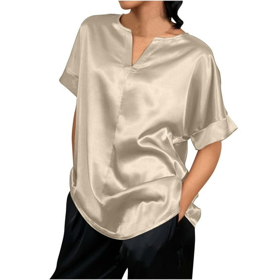ChaoHeng Women Blouses Plus Women's Cap Sleeve Silk Tops V Neck Satin Blouse Solid Color Elegant Loose Shirts, All the Way