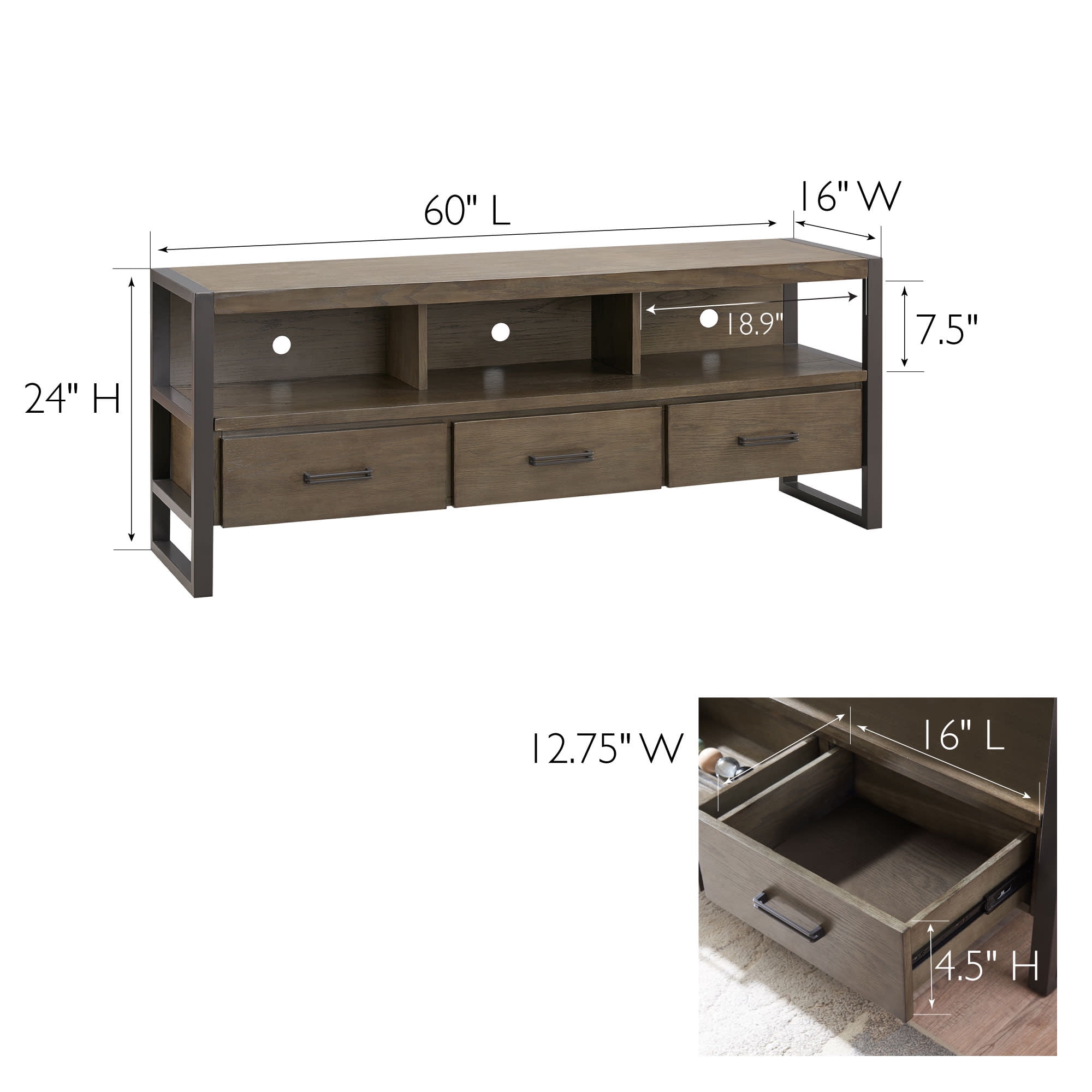 Leick Home Ender Mixed Metal and Wood TV Stand for TVs up to 65", Smoke/Gunmetal Gray