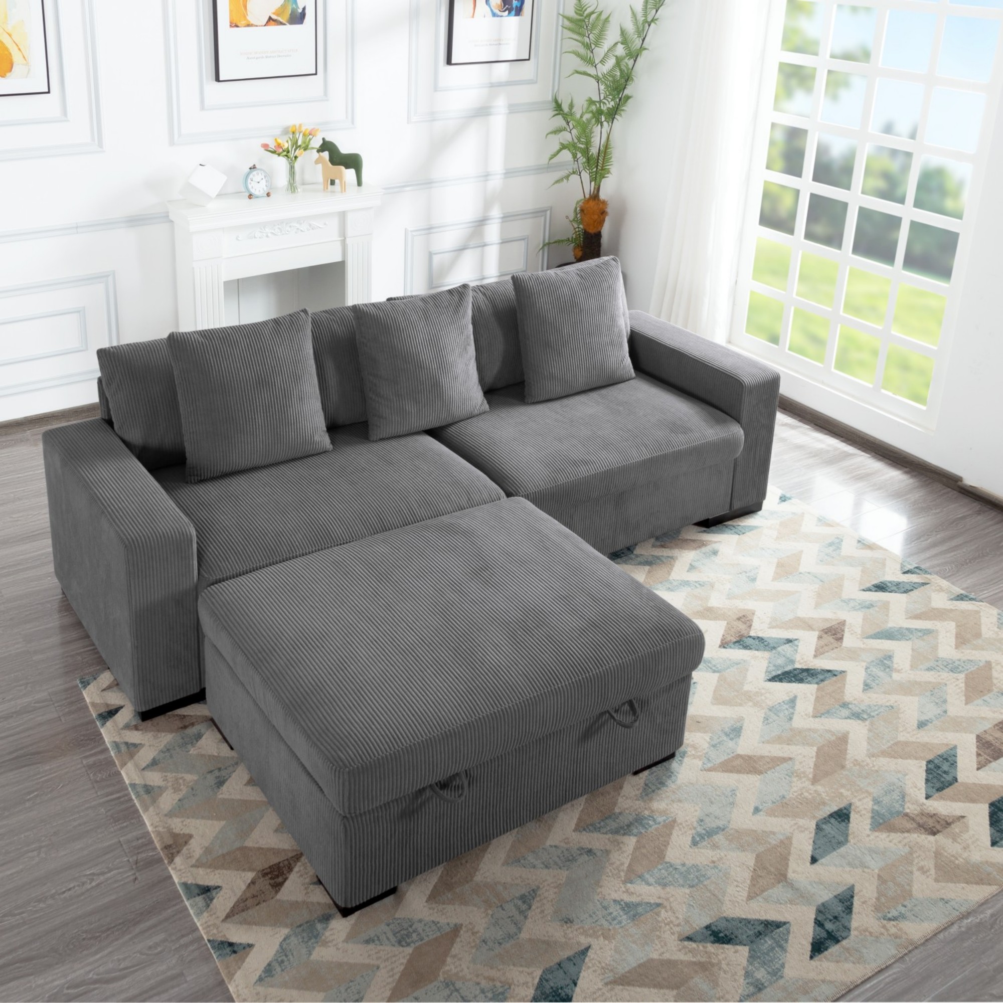 Gewnee 103.5-Inch Modular Corduroy Sofa Set with Solid Wood Legs, High-Density Foam, Suitable for Living Room/Bedroom/Office