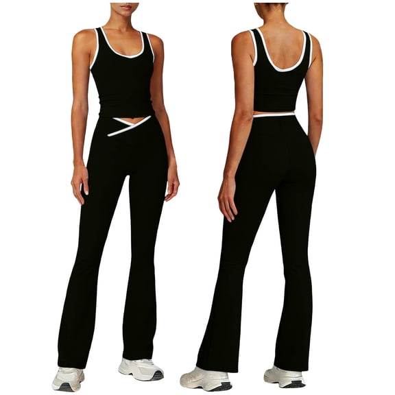 Miluxas Women's 2 Piece Outfits Contrast Trim Crop Tank Top and Flare Pants Set Casual Workout Tracksuit Black