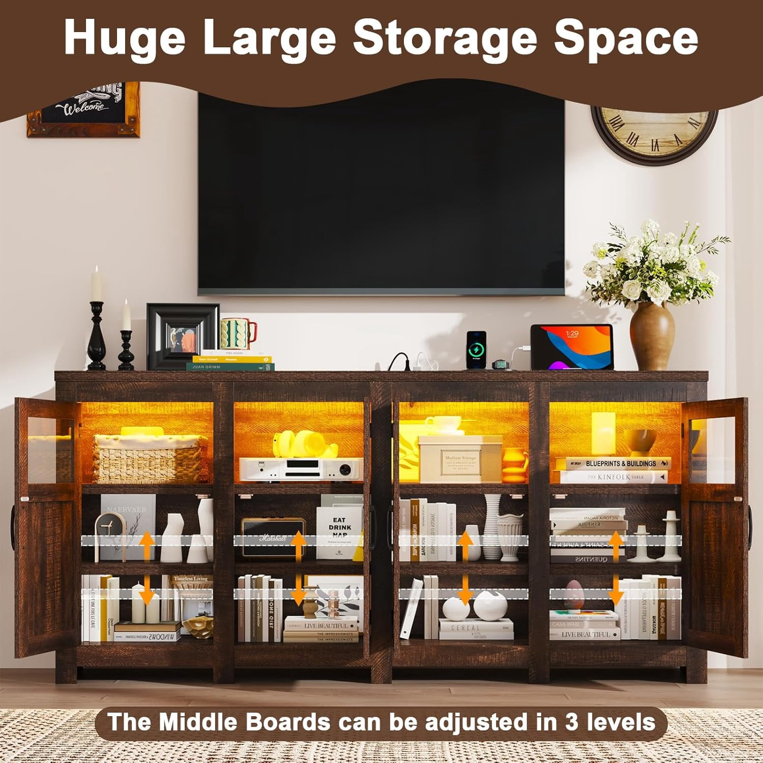 ChVans LED Farmhouse TV stand for up to 85" TVs with Power Outlet, 74" Large Entertainment Center Console Table, 33.5" Tall Rustic Media Console w/Storage Shelves for Living Room
