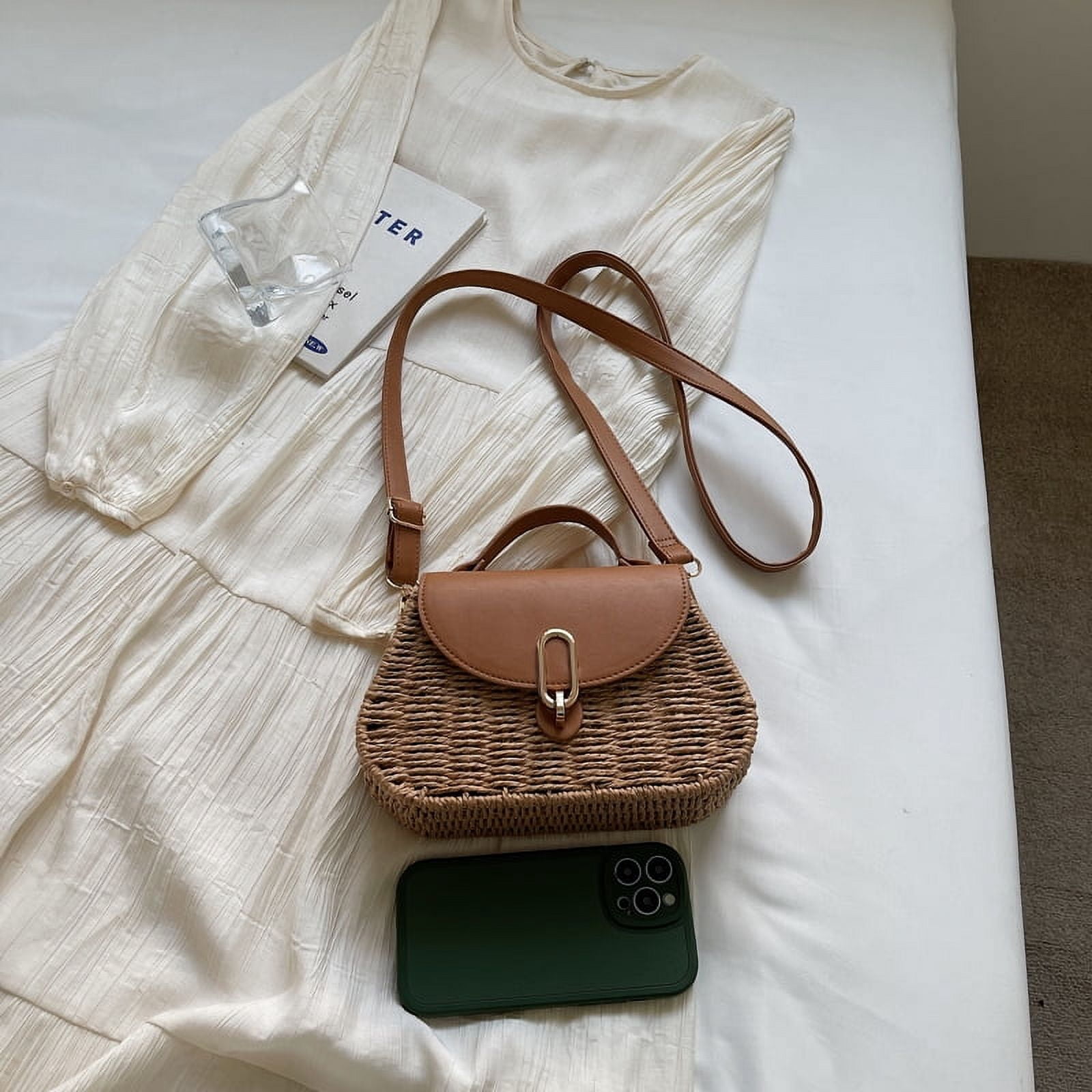 Straw Bags for Women, Handmade Straw & PU Crossbody Bag Summer Beach Shoulder Bag (Camel)
