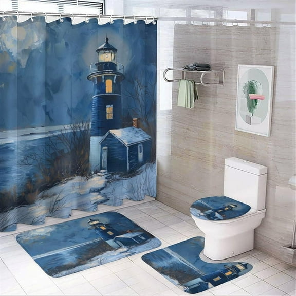 4 Pcs Vintage Lighthouse Shower Curtain Set with Rugs, Include Bathroom Non-Slip Floor Mat, U-Shaped Bath Rug and Toilet Cover Lid with 12 Hooks, Style-3