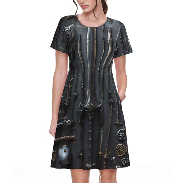 Disketp Fantasy Medieval Weaponry para Vestido de Manga Corta para Mujeres, Vestidos de Verano para Mujeres, Casual y Holgado para la Playa