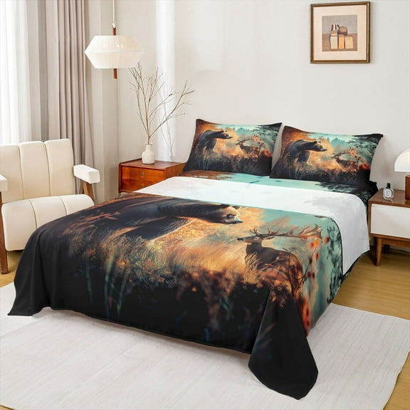 Homewish 3D Bear Deer Elk Twin Sheet Sets, Hunting Jungle Wildlife Twin Fitted Sheet, Rustic Farmhouse Flat Sheet, Microfiber Bedroom Decor, 3pcs