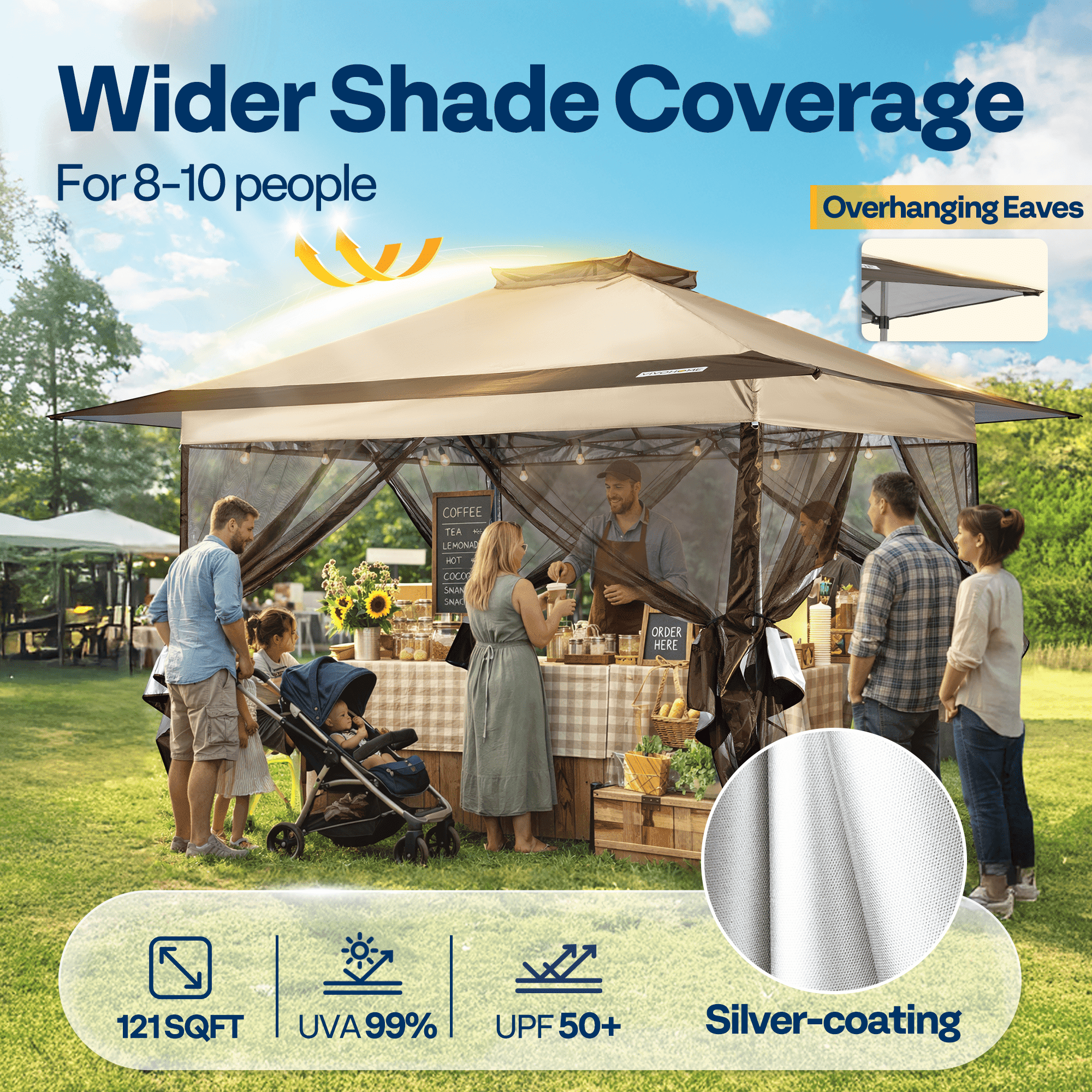 SPECSTAR Pop Up Gazebo 11x11ft Outdoor Canopy Tent with Mosquito Netting, 2 Tiers Roof and Center Lock for Patio Garden Backyard, Beige