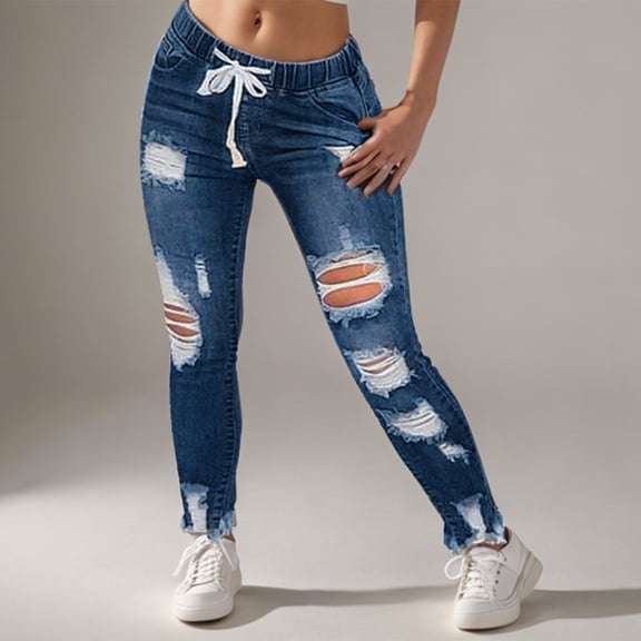 Ripped Elastic Jeans for Women Denim Multi-hole Elastic Waist Jeans Fashionable Slim Suit Skinny Pants Women's Skinny Comfortable Pants