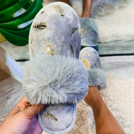 

Christmas Women s Fashion Bronzing Feather Printing Baotou Hairy Flat Casual Slippers