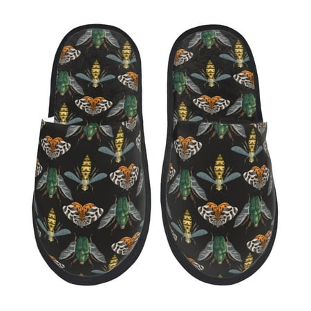 Balery Wasp Cockchafer Butterfly Slient Indoor Furry Fleece Comfort House Shoes Soft Non-Slip Home Shoes Cotton slippers House Slippers-- Large
