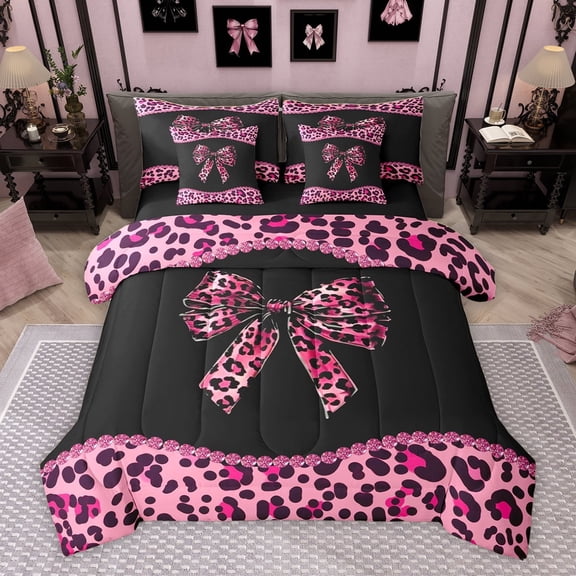 Homewish Cheetah Leopard Print Twin Bedding Sets 7-Piece, Chic Black Pink Ribbon Bedding Comforter Set, Fashion Princess Style Reversible Sheet Sets, Super Cozy Room Decor