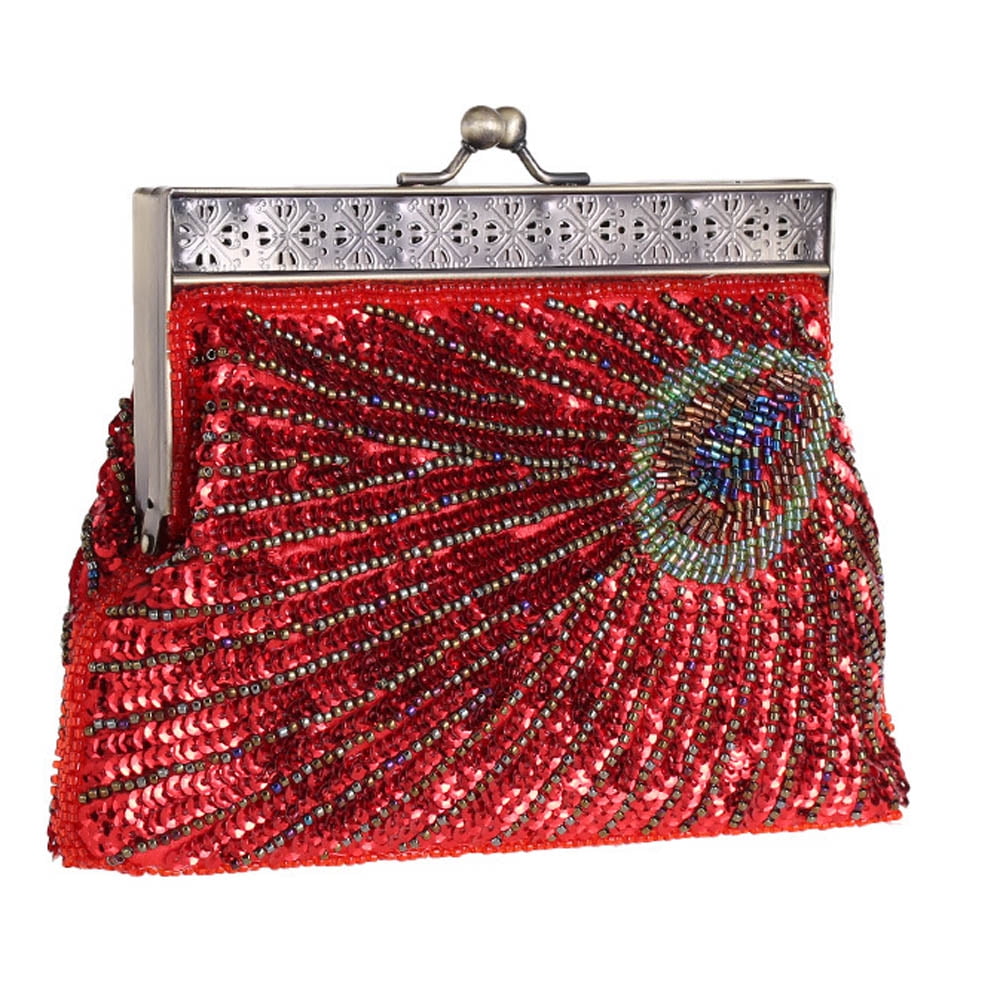 Red Beaded Sequined Flower Clutch Bags Evening Bags
