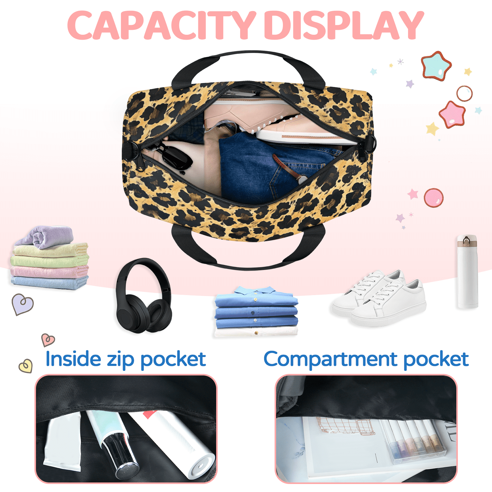 Herdesigns Leopard Print Gym Bag for Women, Duffle Bag for Travel Sport, Lightweight Waterproof Carry on Weekender Overnight Dance Yoga Workout Bags