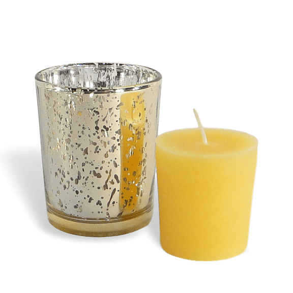 100% Pure Raw Beeswax Votive Candles Set of 6 in Glass Holder (Gold Mercury)