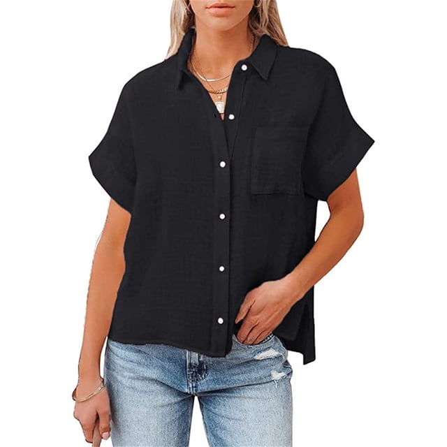 Blusa de manga corta para mujer Sonducket con botones y cuello en V Negro S