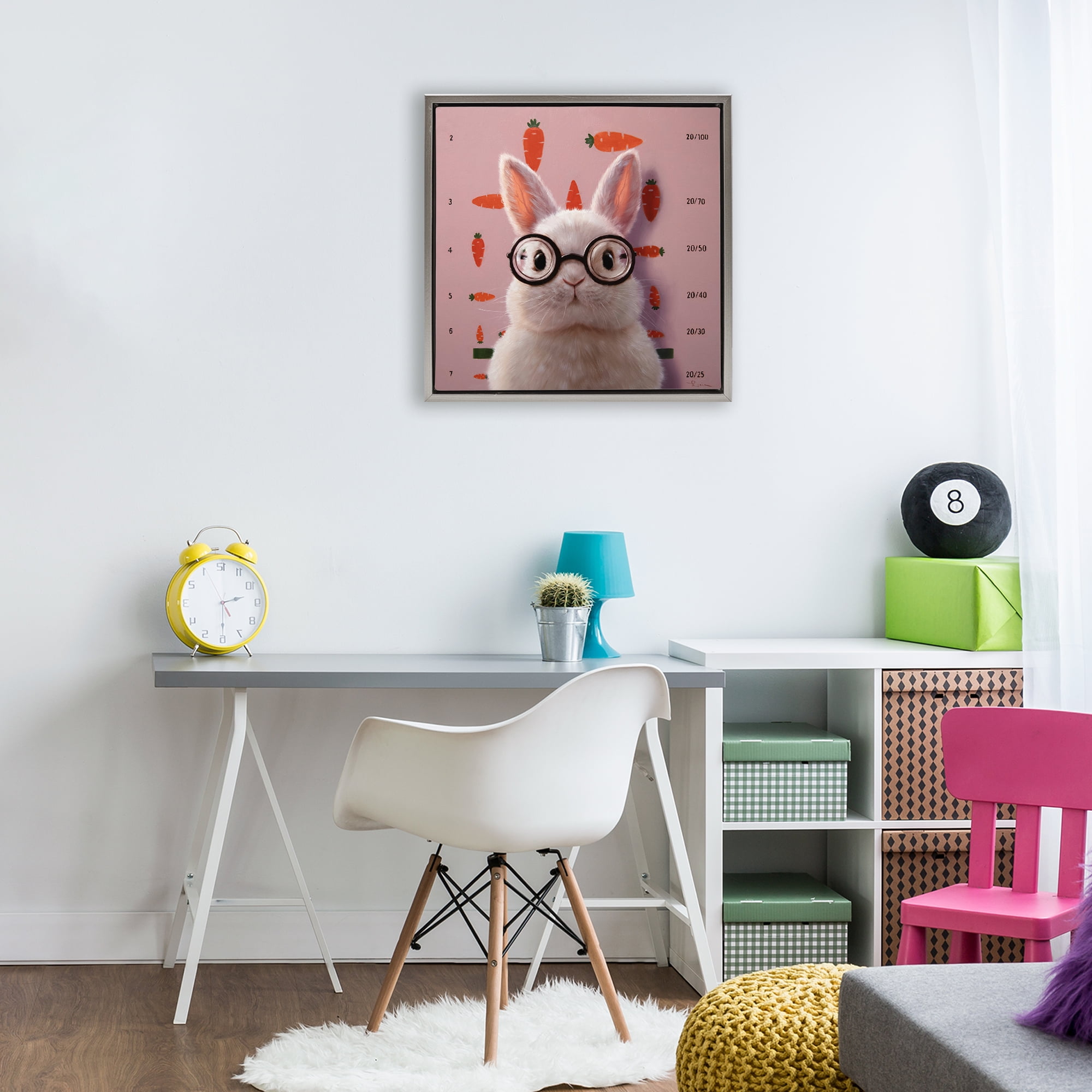 Bunny & Carrots Eye Exam Gray Framed Floater Canvas Wall Art, design by Lucia Heffernan